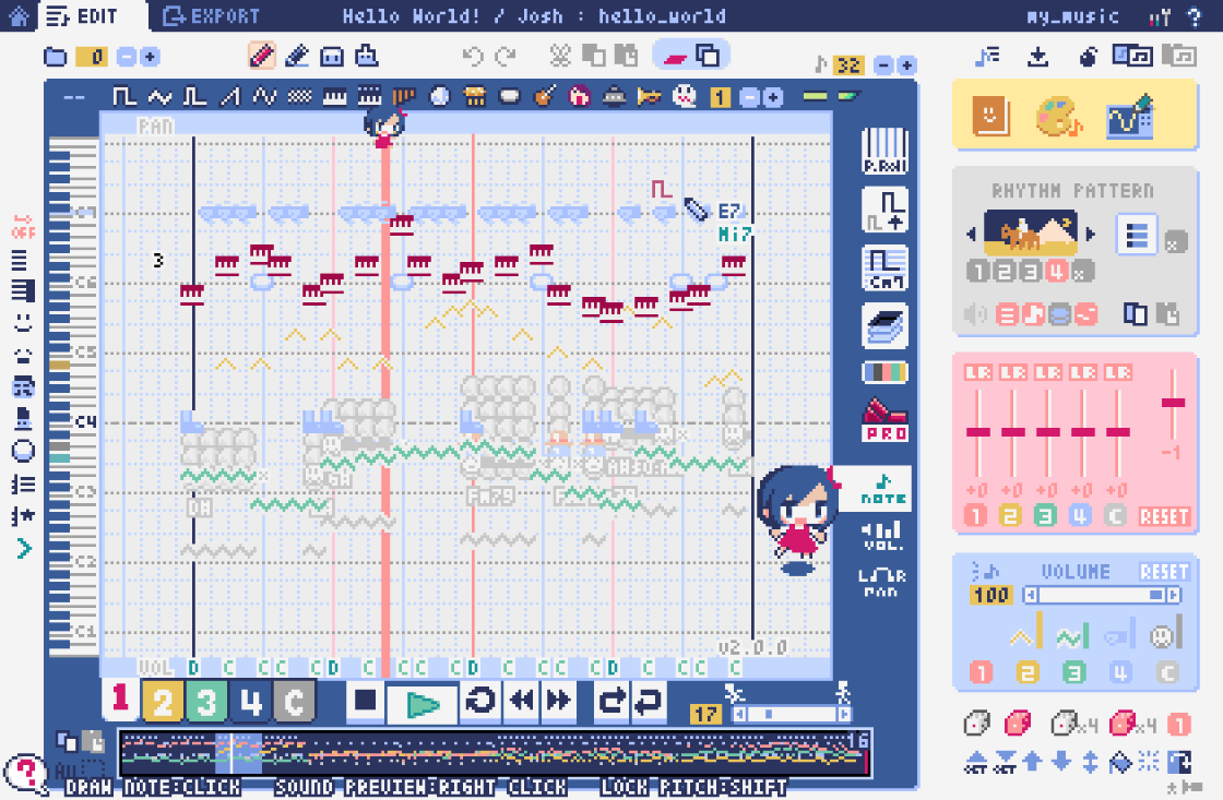 Lovely Composer interface showing the piano roll, tracks, and controls