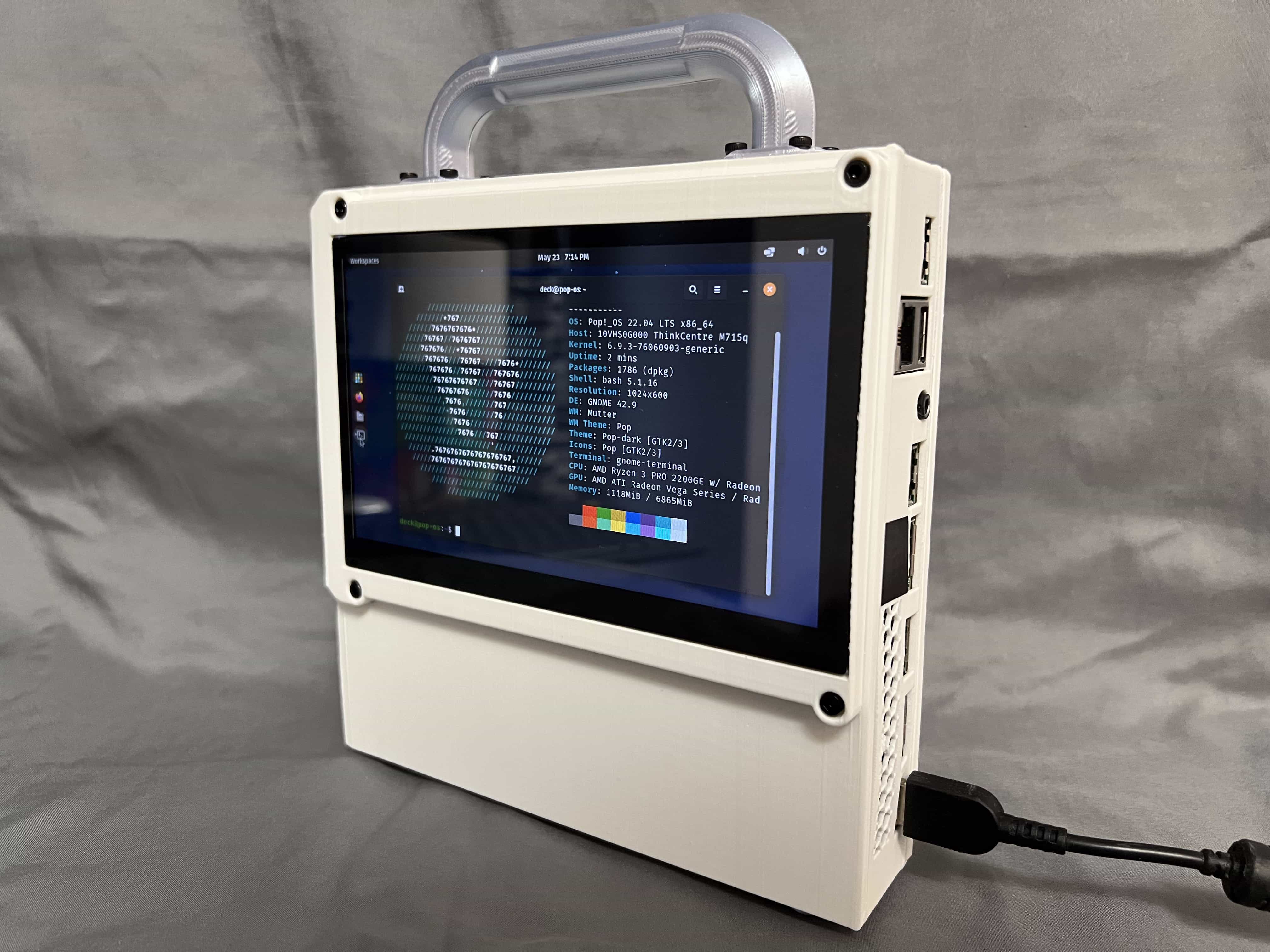 Front right view of the final Lenovo M715q mod case