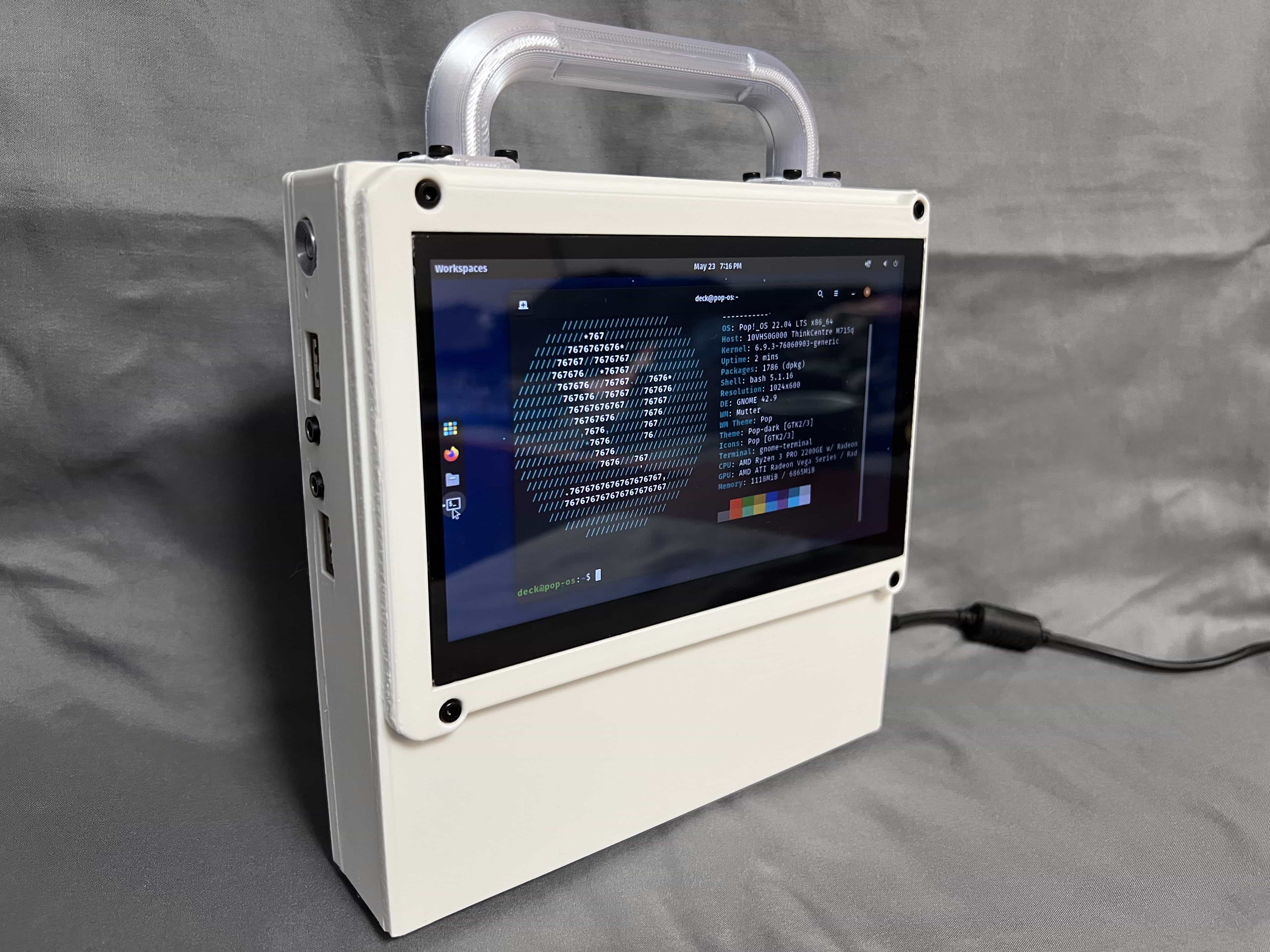 Front left view of the final Lenovo M715q mod case